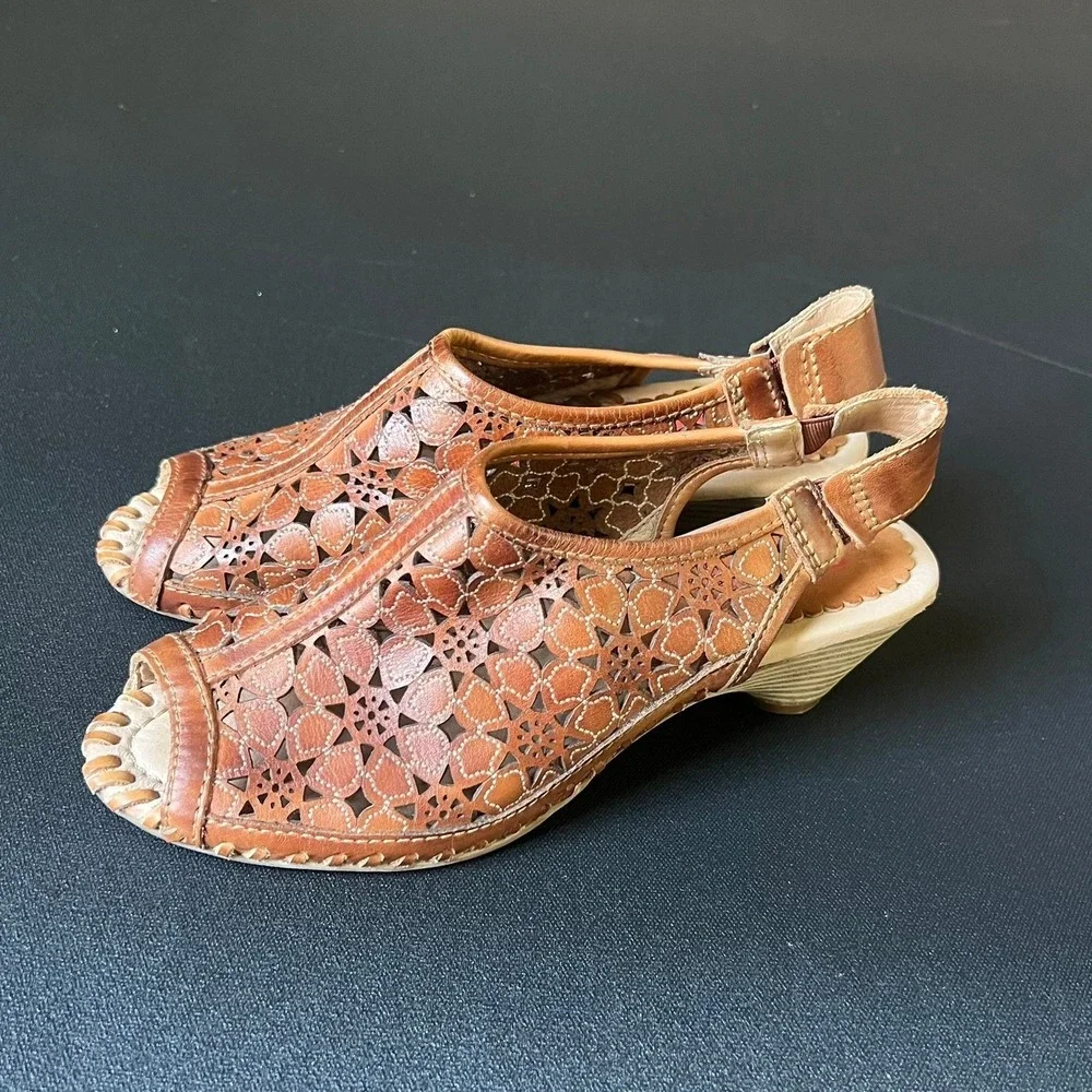 Pikolinos Tan Leather Floral Laser Cut Wedge Slingback Sandals EU 37 US 6.5 Boho
